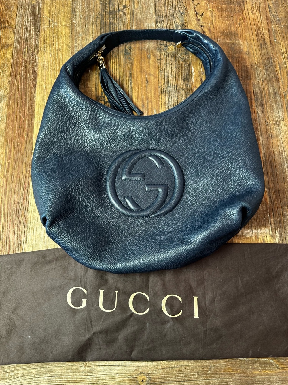 Gucci Navy Blue Pebbled Leather Shoulder Hobo Bag